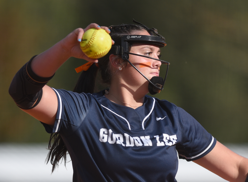 Staff photo by Matt Hamilton/ Gordon Lee (11) Sydney Garrett throws to first after catching a line drive for an out against Stephens County at Gordon Lee on Tuesday, October 17, 2023. Gordon Lee went on to win the game, 15-0 in three innings by the mercy rule.