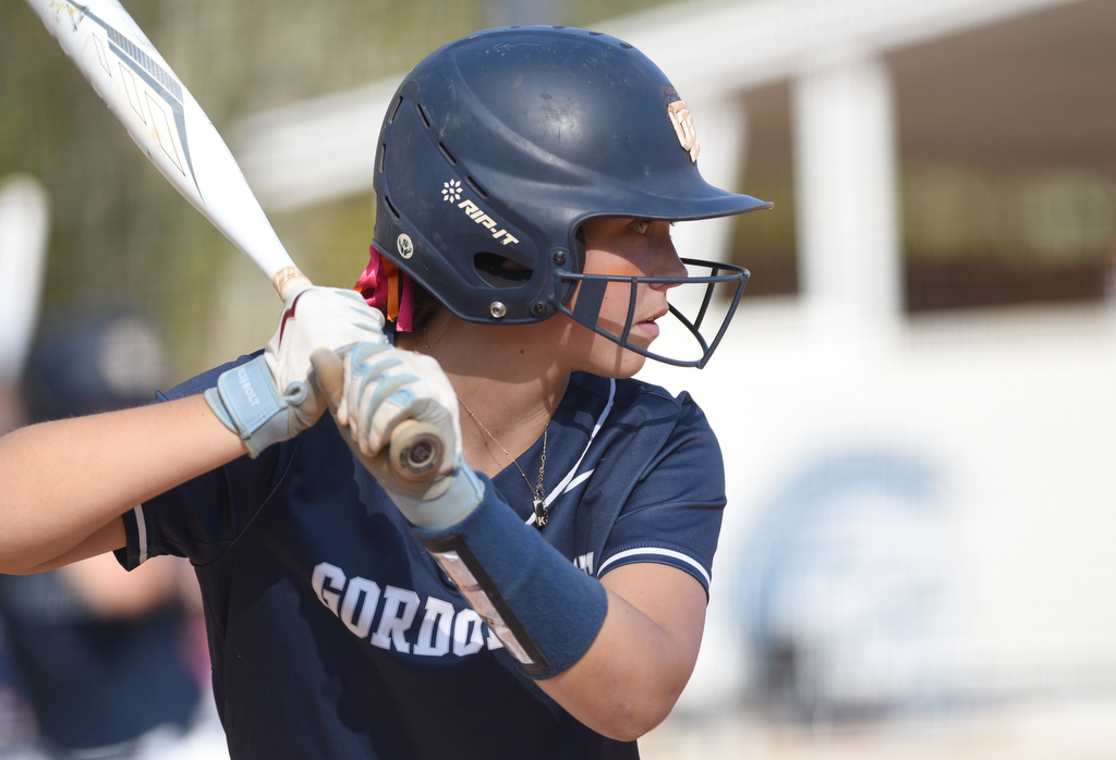 Staff photo by Matt Hamilton/ Gordon Lee (20) Kate Chambers squares up in the batters box against Stephens County at Gordon Lee on Tuesday, October 17, 2023. Gordon Lee went on to win the game, 15-0 in three innings by the mercy rule.