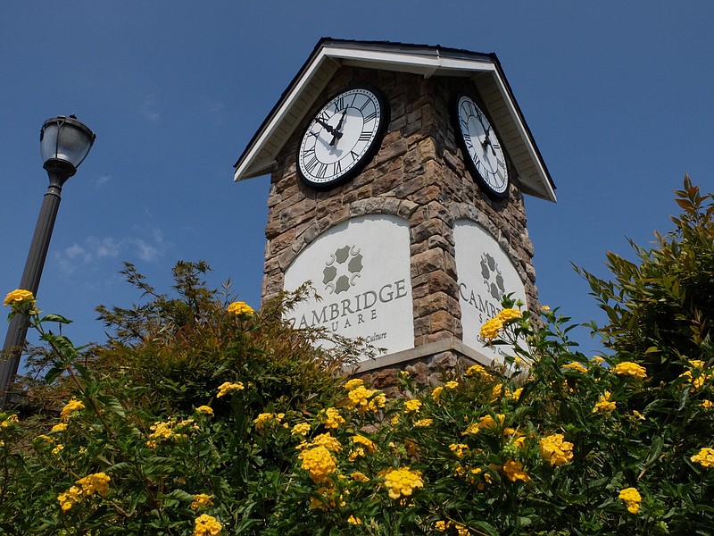Staff photo / The clock tower at Cambridge Square development faces Lee Highway, just west of The Honors Course in Ooltewah. Morning Brew Coffee is scheduled to open a new coffee shop at the development in January.