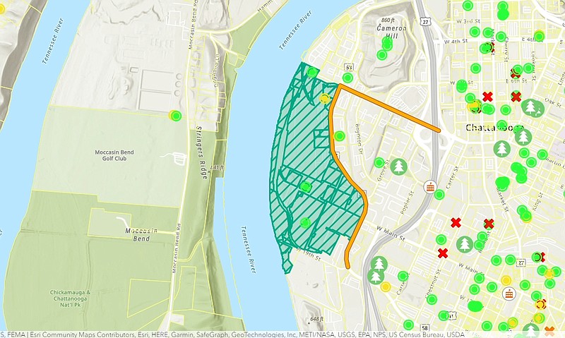 City of Chattanooga / Shaded in green, this map shows the border of a tax incentive zone for The Bend, a potential $2.3 billion development that would house thousands of square feet in residential, retail and commercial property.