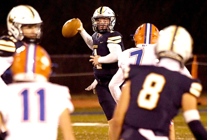 Staff Photo by Robin Rudd / Walker Valley quarterback Evan Schwarzl (1) looks to throw to Hudson Makuch (8).  The Walker Valley Mustangs hosted the Campbell County Cougars in the first round of the TSSAA football plays on November 3, 2023.