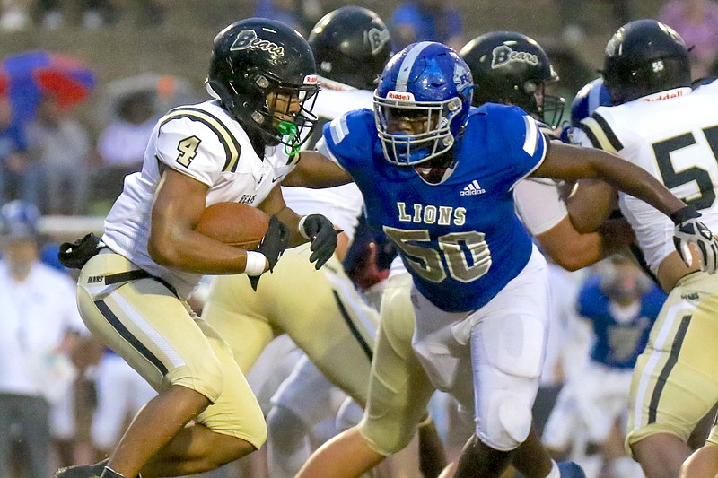 Staff file photo by Olivia Ross / Red Bank's Micah Hardaway (50) has been a strong force up front for the Lions, who have produced yet another dominant defensive unit this season.