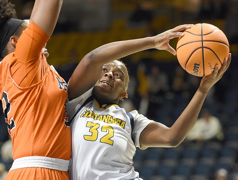 Staff file photo by Matt Hamilton / UTC's Raven Thompson had 20 points, seven rebounds, two steals, one assist and a block to help lead the Mocs to a close win Friday night at Austin Peay.