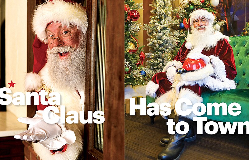 Staff photos by Matt Hamilton and Olivia Ross / Left: Brian Weaver, as Santa Claus, peeks through a window at Common House in downtown Chattanooga. Right: Tim Walker, as Santa Claus, sits on the couch where children will visit him and get photos at Ruby Falls on Lookout Mountain. He is posing with his special Santa-miners helmet, which lights up to show the way when hes doing underground tours of the Ruby Falls cave.