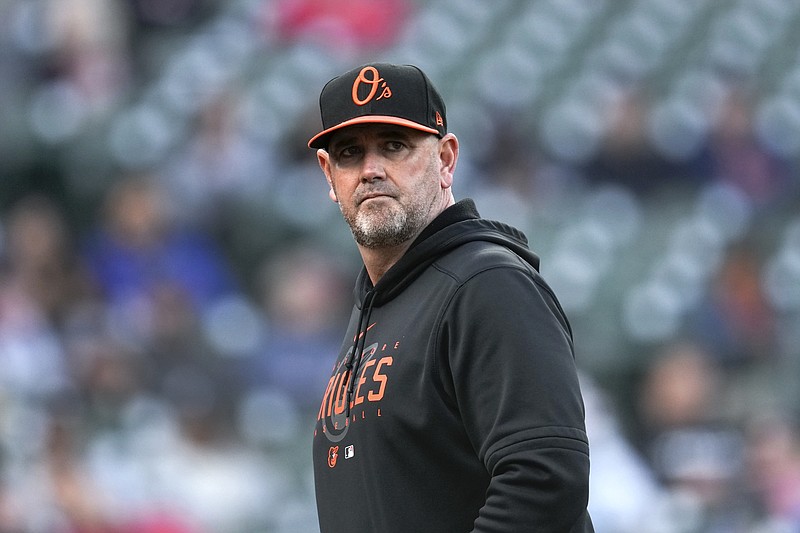 FILE - Baltimore Orioles manager Brandon Hyde watches play against the Detroit Tigers during the seventh inning of the second baseball game of a doubleheader April 29, 2023, in Detroit. Hyde was named AL Manager of the Year by the Baseball Writers' Association of America, in voting announced Tuesday, Nov. 14, 2023. (AP Photo/Paul Sancya, File)