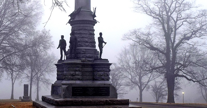 Staff file photo by Robin Rudd / The bronze figures of soldiers on the base of the Illinois Monument appear to stare out into the deepening fog at Bragg's Reservation atop Missionary Ridge in 2016. Chickamauga and Chattanooga National Military Park will honor the 160th anniversary of the Battles for Chattanooga this weekend.  Find the complete weekend itinerary at nps.gov/chch.