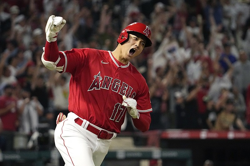 AP photo by Mark J. Terrill / Shohei Ohtani celebrates as he rounds first base after hitting a two-run homer for the Los Angeles Angels during a game against the New York Yankees on July 17 in Anaheim, Calif.