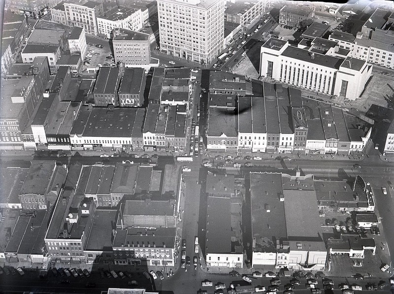 Chattanooga News-Free Press Archive photo via ChattanoogaHistory.com / This 1953 aerial photo by newspaper photographer John Goforth shows Chattanooga's central business district 70 years ago. Some of the buildings shown in the photo were torn down to make way for Miller Park and Miller Plaza. The Joel W. Solomon Federal Building, upper right, is slated to be replaced.