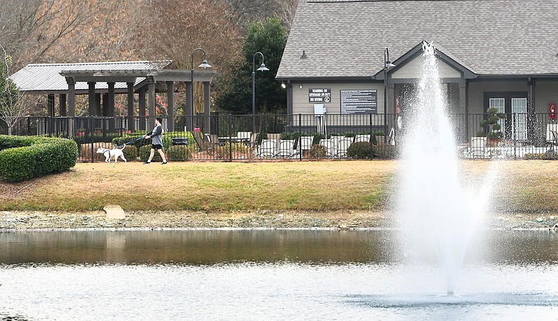 Staff Photo by Robin Rudd / The drought reduced level of the pond at Parc 1346 Apartments in East Brainerd is seen as a stony ring Friday. The U.S. Drought Monitor shows all of Hamilton, Bradley, Marion, Dade, Walker, Catoosa, Whitfield and Jackson, Ala., counties now in exceptional drought -- the deepest possible -- and the rest of the tristate Chattanooga region's counties are in extreme drought.