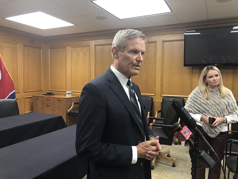 Staff Photo by Andy Sher / Tennessee Gov. Bill Lee speaks with state Capitol reporters Nov. 15 as the Republican chief executive wrapped up his 2023 budget hearings with departments and agencies.