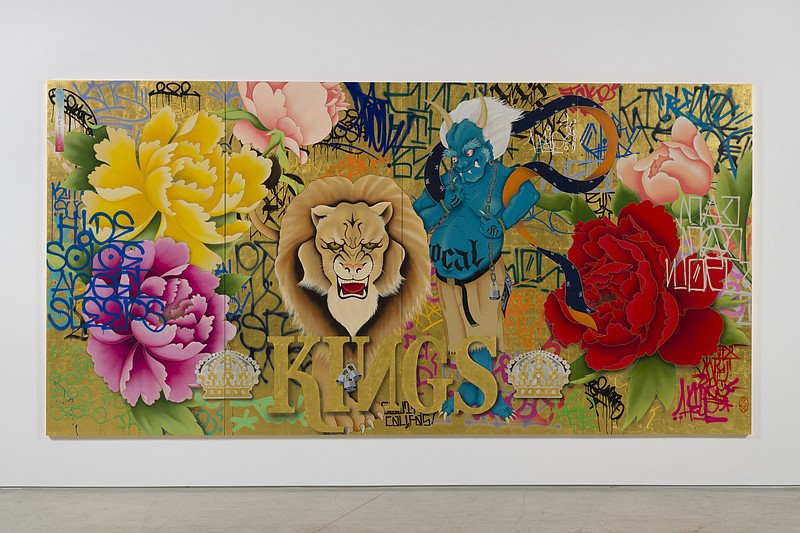 Contributed Photo / Gajin Fujita's "Invincible Kings of This Mad Mad World" is among the works included in "Gilded," on view through Jan. 8 at the Hunter Museum of American Art. The 2017 work encompasses spray paint, paint markers, Mean Streak markers, 24-karat gold leaf, 12-karat white gold leaf, platinum leaf and gloss finish on panel. Image courtesy of the artist and L.A. Louver, Venice, California.