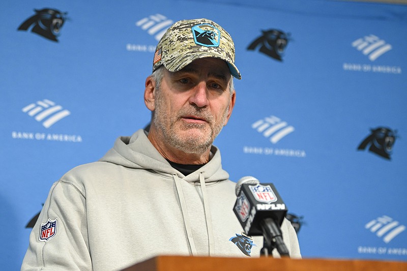 FILE - Carolina Panthers coach Frank Reich attends a news conference after an NFL football game against the Tennessee Titans, Sunday, Nov. 26, 2023, in Nashville, Tenn. The Carolina Panthers fired coach Frank Reich on Monday, Nov. 27,  with the team off to an NFL-worst 1-10 record in his first year in charge. (AP Photo/(John Amis, File)