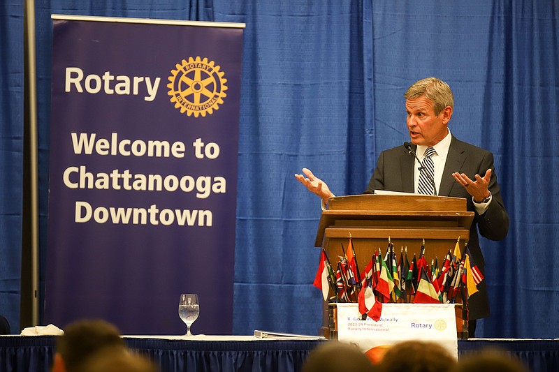 Staff photo by Olivia Ross / Gov. Bill Lee answers questions from the audience during a Rotary Club meeting in Chattanooga on Oct. 19.