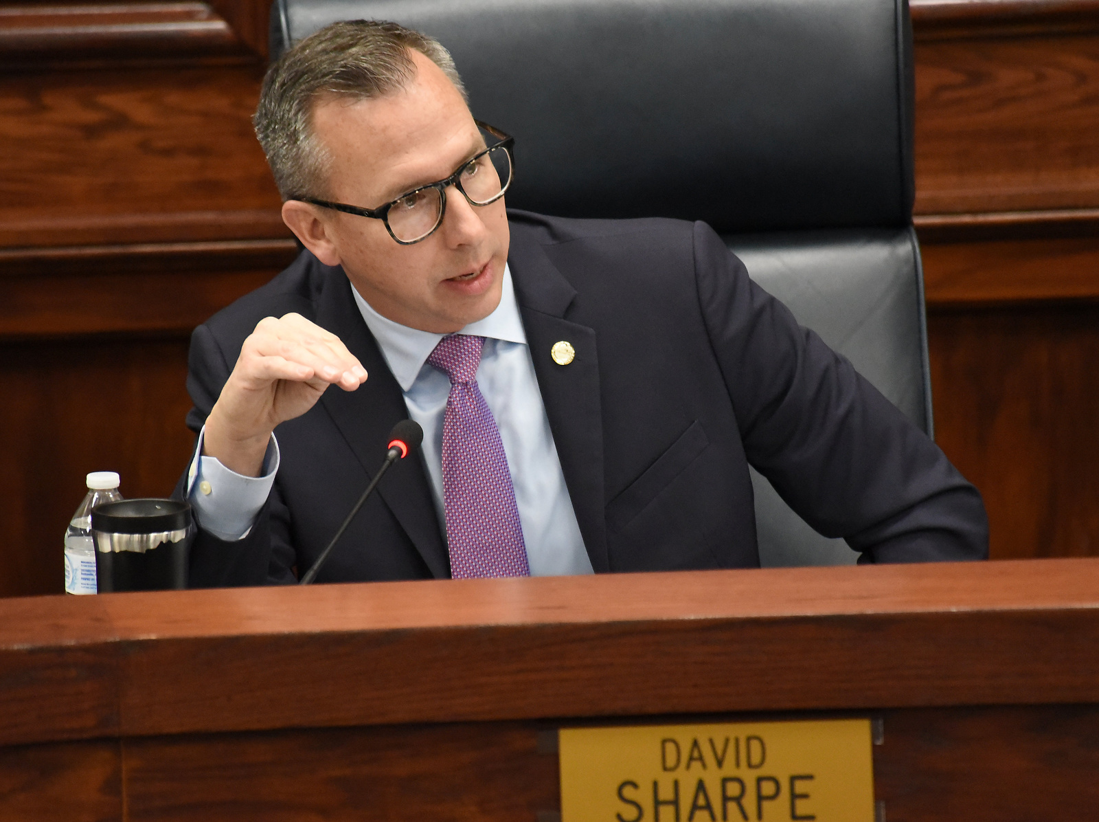 Staff photo by Matt Hamilton / David Sharpe asks Hamilton County Mayor Weston Wamp a question during a County Commission meeting at the Hamilton County Courthouse on Wednesday.