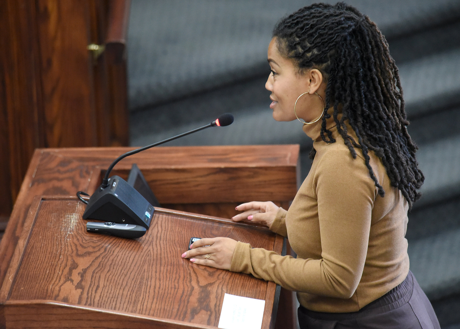 Staff photo by Matt Hamilton / Briana Garza, owner of Chatt Taste Food Tours, speaks during a County Commission meeting at the Hamilton County Courthouse on Wednesday.