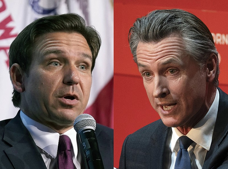 Photo/the Associated Press / In this combination of photos, Republican presidential candidate Florida Gov. Ron DeSantis speaks on Sept. 16, 2023, in Des Moines, Iowa, at left, and California Gov. Gavin Newsom, speaks on Sept. 12, 2023, in Sacramento, Calif. The two debated Thursday, Nov. 30, 2023, outside of Atlanta, Ga.