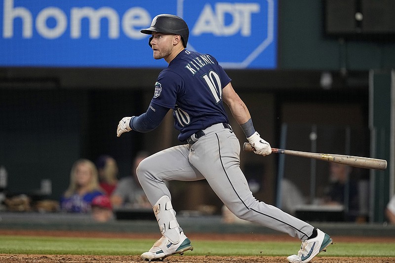 AP photo by Tony Gutierrez / Jarred Kelenic follows through on an RBI single for the Seattle Mariners during a road game against the Texas Rangers on Sept. 24.
