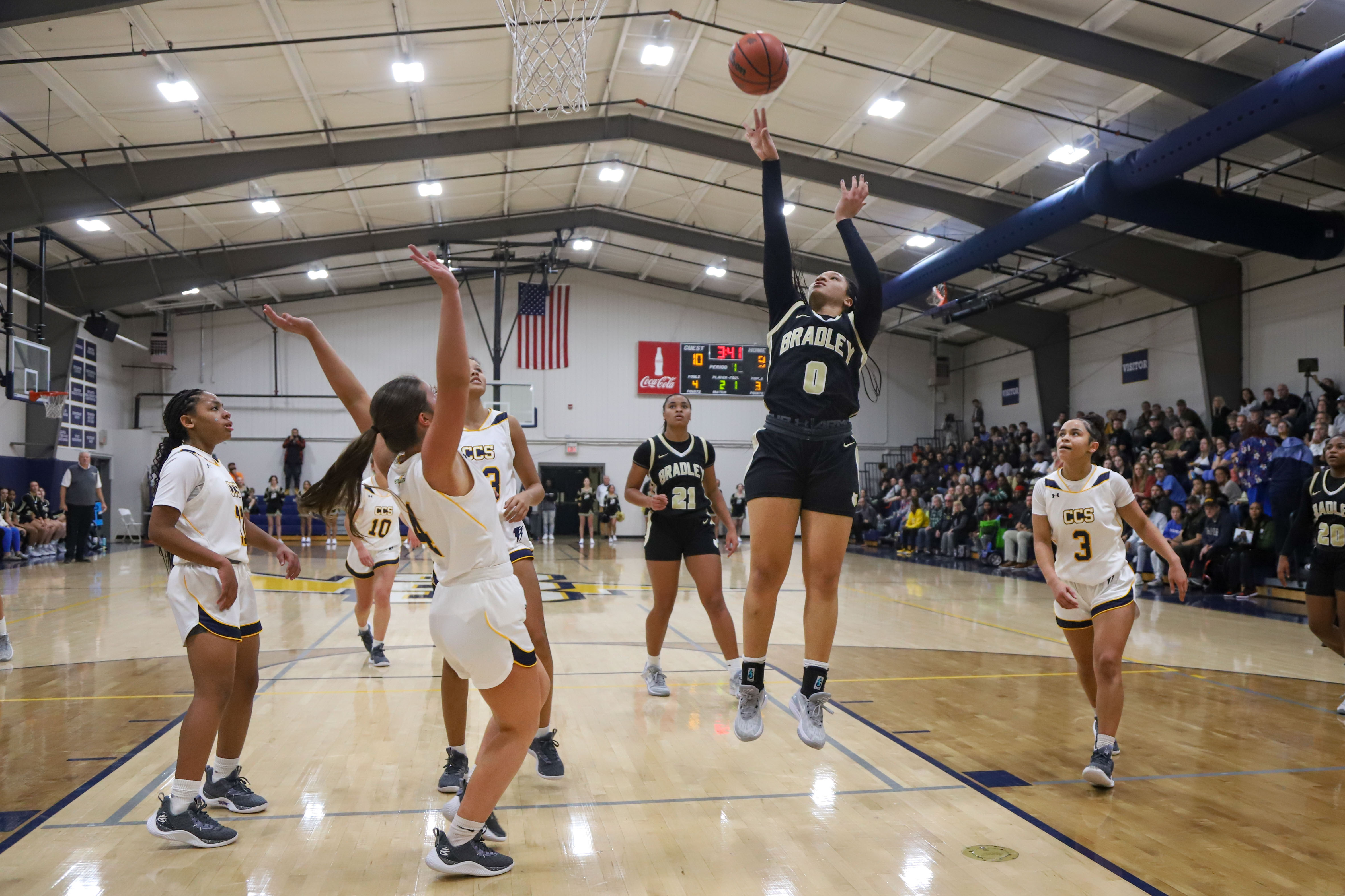 Staff photo by Olivia Ross / Bradley Central's Kimora Fields (0) scores two of her game-high 35 points as the Bearettes topped Chattanooga Christian Tuesday.