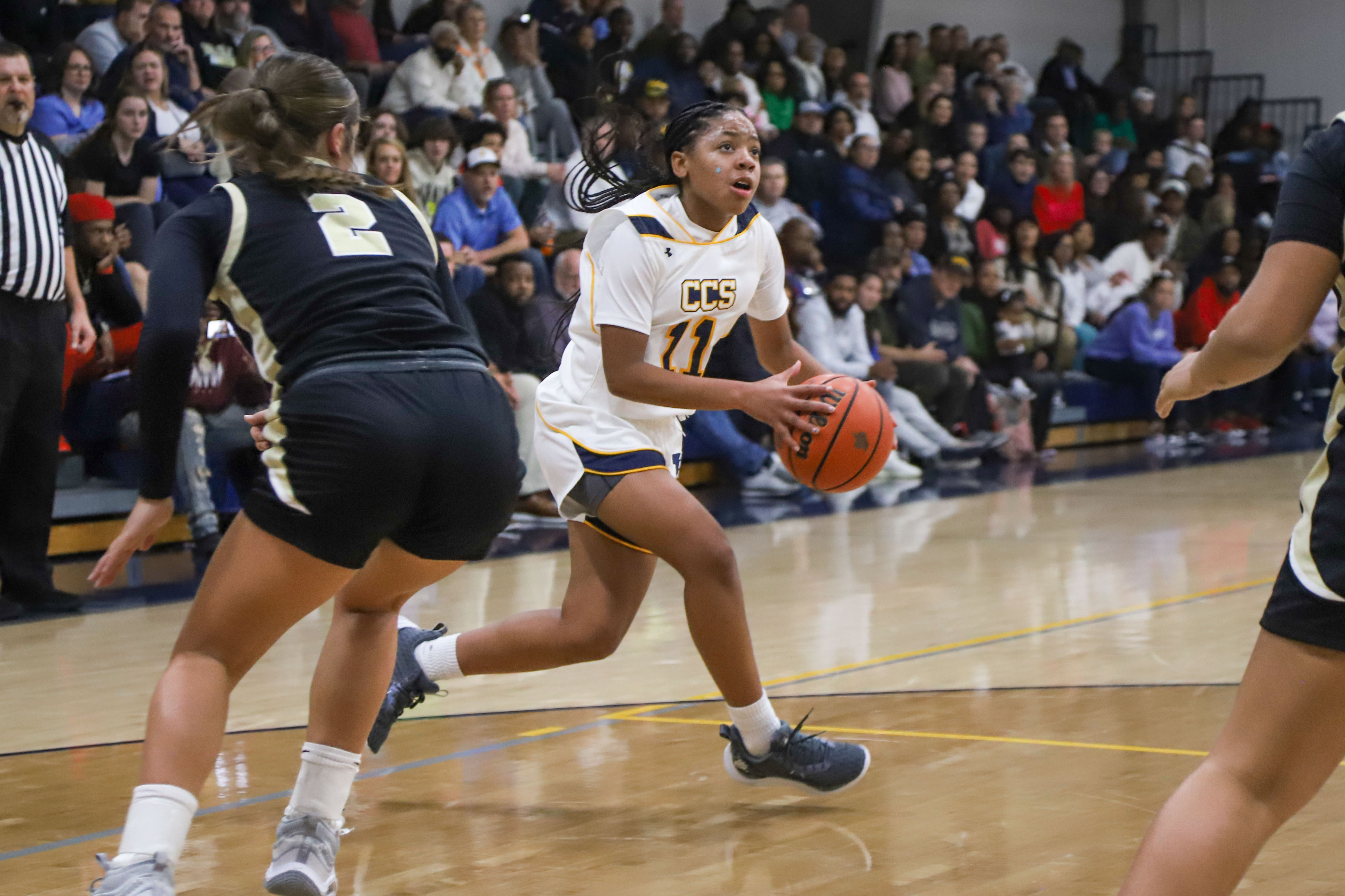 Staff photo by Olivia Ross / CCS's Momo Moore (11) looks for the shot. Chattanooga Christian took on Bradley Central at home on Tuesday, December 5, 2023.