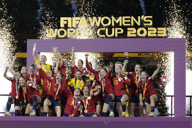 AP photo by Alessandra Tarantino / Members of Spain's national women's soccer team celebrate after beating England in the Women's World Cup final on Aug. 20 in Sydney, Australia. The next edition of the global tournament is in 2027, and Mexico and the United States hope to co-host the tournament.