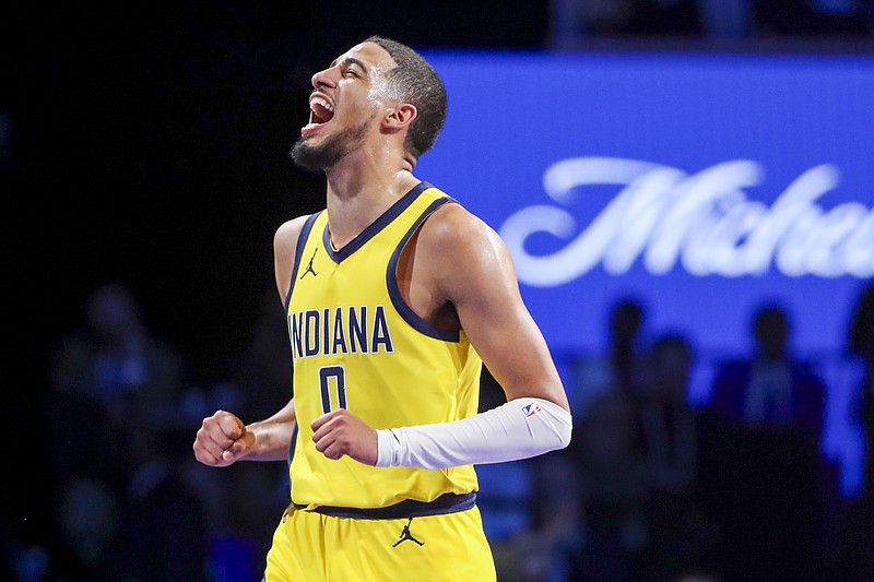 AP photo by Ian Maule / Indiana Pacers guard Tyrese Haliburton yells after a play against the Milwaukee Bucks during their NBA in-season tournament semifinal Thursday in Las Vegas.