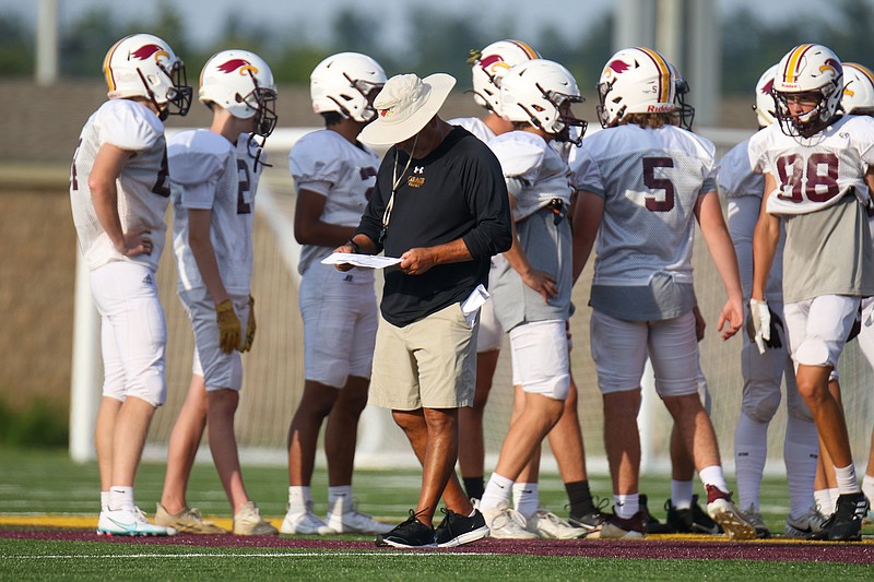Staff photo by Olivia Ross / Grace Academy's head coach Bob Ateca is seen during the scrimmage. Grace Academy and Chattanooga Prep held a scrimmage on Tuesday, August 1, 2023 at Grace Academy.