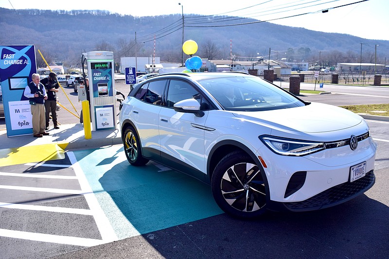 Staff Photo by Robin Rudd / The first car to be charged is backed into the station in 2022 in Fort Payne, Ala. The Fort Payne Improvement Authority dedicated the first of what will be 80 fast-charging stations backed by TVA across the Valley to help promote electric vehicles.