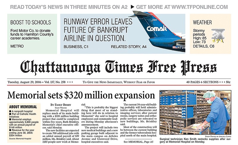 Edge archives / The front page of the Aug. 29, 2006, Chattanooga Times Free Press reports on the announcement of CHI Memorial Hospital's $320 million Guerry Heart and Vascular Center.