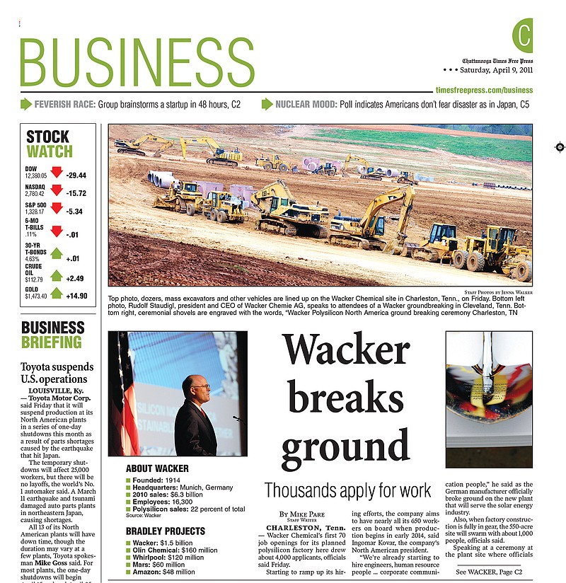 Times Free Press / The April 9, 2011 Chattanooga Times Free Press business section announces Wacker Chemical's groundbreaking on a plant in Bradly County, Tennessee. The site is Wacker's biggest manufacturing facility outside Germany.