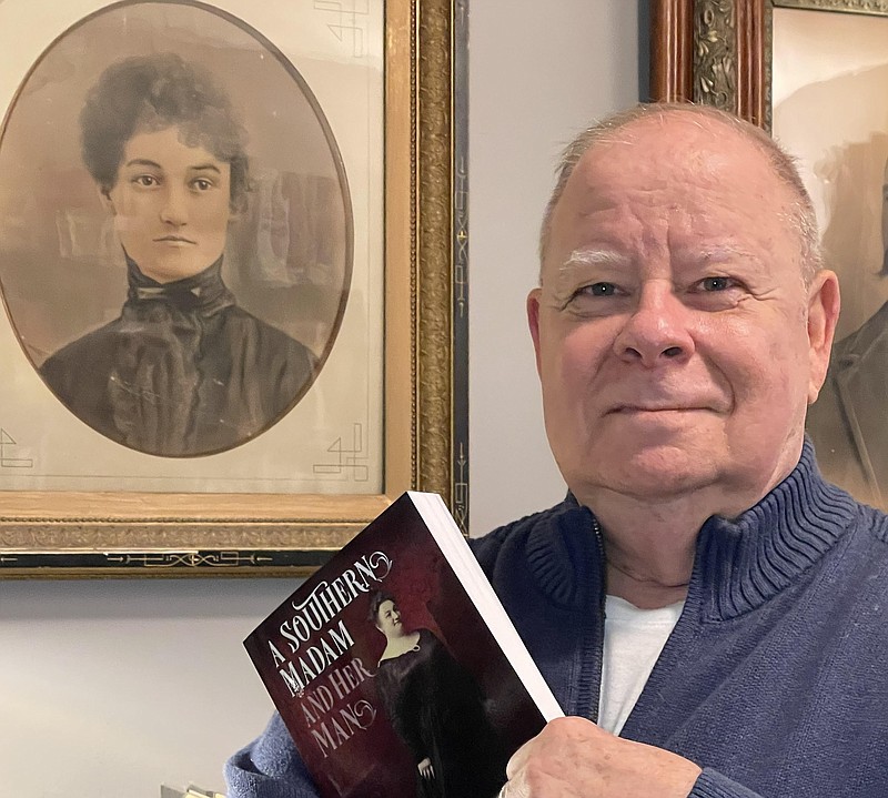 Contributed photo / David Dearinger, a retired art history professor living in Richmond, Va., poses alongside a photo of his great-grandmother, a former Chattanooga brothel owner named Susie Tillett. Dearinger has written a book about his great-grandmother and his great-grandfather, Arthur Jack, who was a saloon owner here.