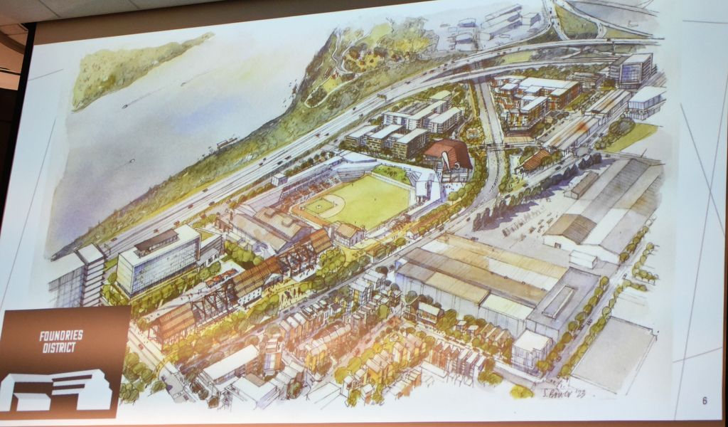 Staff photo by Matt Hamilton/ A rendering of the proposed stadium area presented during a meeting by the Chattanooga-Hamilton County Sports Authority at Chattanooga City Hall on Thursday, January 11, 2024.
