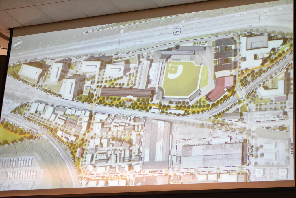 Staff photo by Matt Hamilton/ A rendering of the proposed stadium area presented during a meeting by the Chattanooga-Hamilton County Sports Authority at Chattanooga City Hall on Thursday, January 11, 2024.