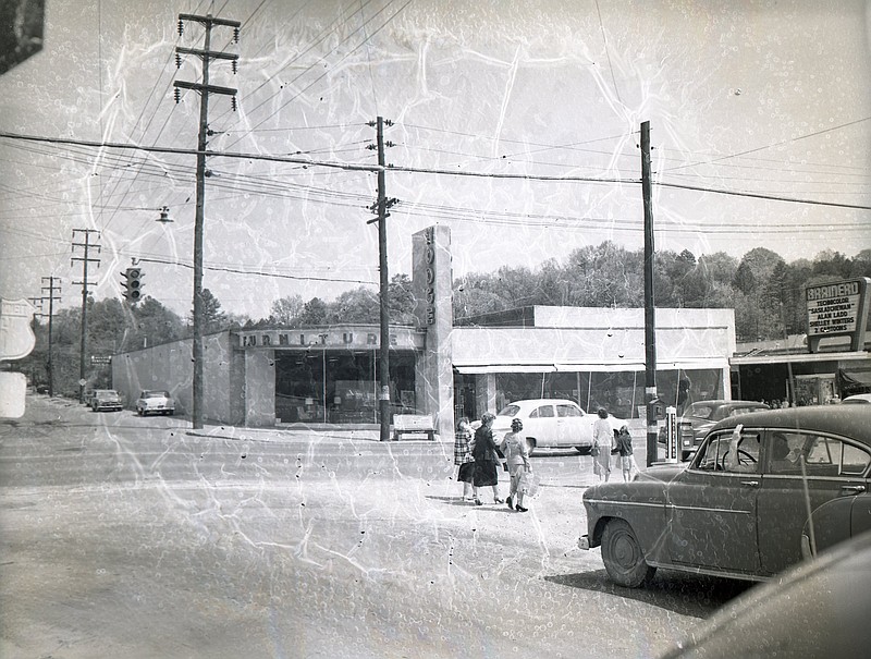 Chattanooga News-Free Press archive photo via ChattanoogaHistory.com / The corner of Brainerd and Germantown roads is shown in 1954. The Hodge Furniture Store, at the center of the photo, was in the process of moving to Hixson that year. The Miller Brothers department store moved a branch into the building in the fall of 1954.