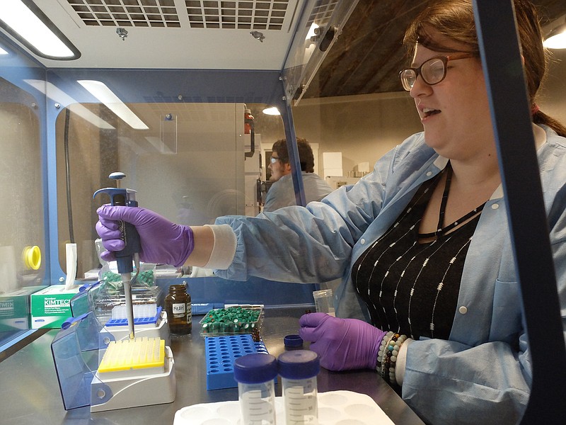 Staff photo / Emily Smith works as a lab tech diluting sample of the extracted cannabinoid in 2020 at New Bloom Labs in St. Elmo.
