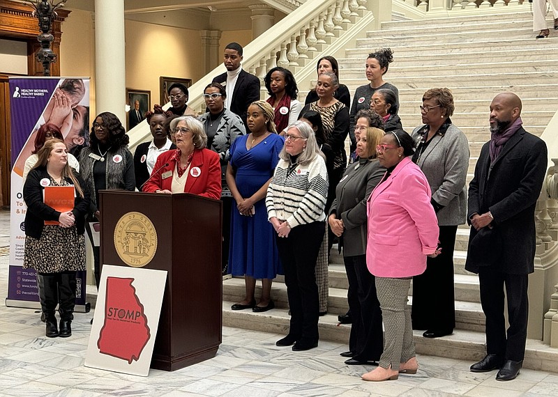 Rep. Debbie Buckner, a Junction City, Ga., Democrat, makes the case for eliminating the state sales tax on period products at a news conference Thursday. Jill Nolin/Georgia Recorder