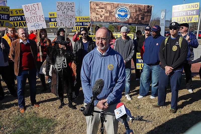 Staff photo by Olivia Ross / UAW President Shawn Fain speaks outside the Chattanooga Volkswagen plant in December as union supporters and VW employees accuse the company of union-busting tactics.