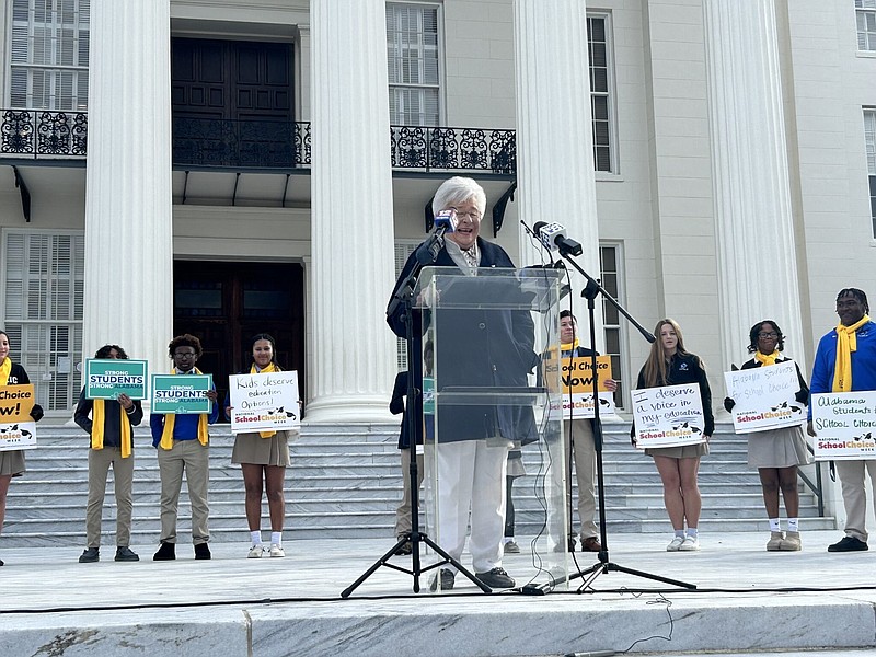 Gov. Kay Ivey reaffirmed support for education savings accounts at a “School Choice Week” rally on Monday at the Alabama Capitol. / Alabama Reflector photo by Jemma Stephenson