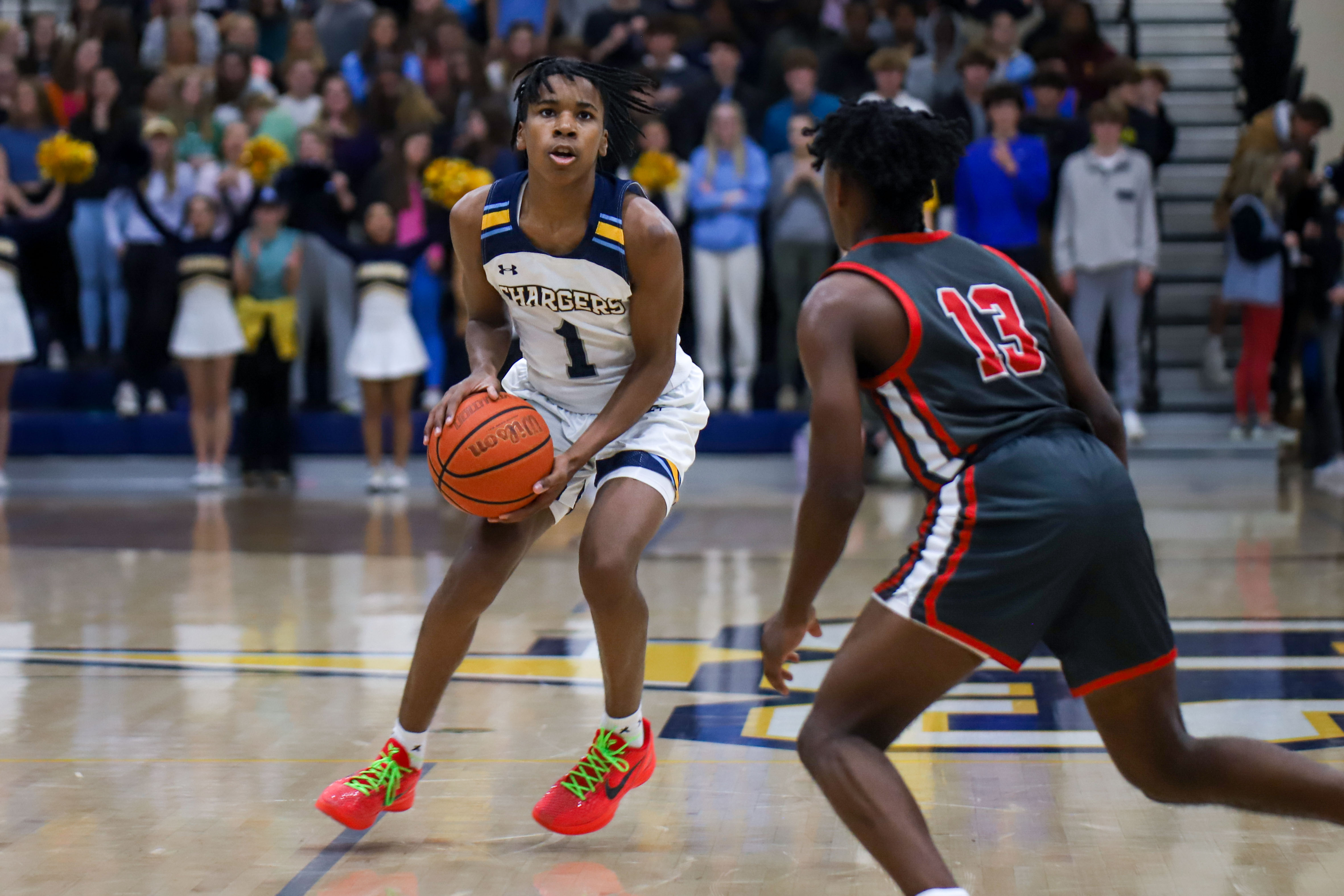 Staff photo by Olivia Ross / CCS's Reid Conley (1) looks to shoot. Chattanooga Christian School took on Baylor at home on Tuesday, January 23, 2024.