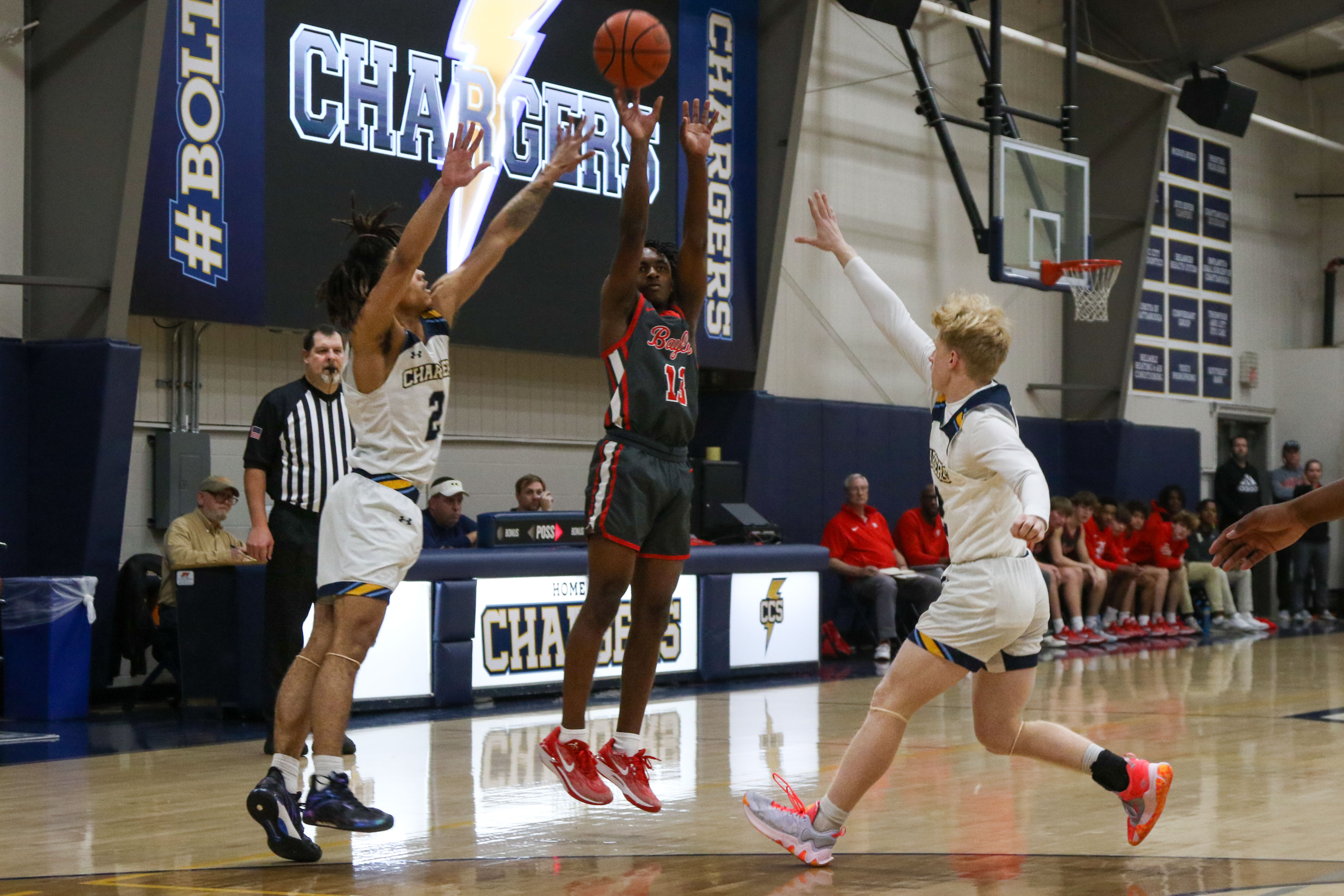 Staff photo by Olivia Ross / Baylor's TJ Fields (13) shoots. Chattanooga Christian School took on Baylor at home on Tuesday, January 23, 2024.