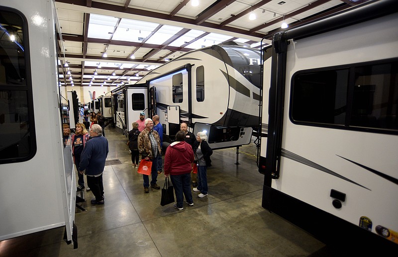 Staff file photo by Matt Hamilton / Visitors look over a variety of recreational vehicles during the 2023 Chattanooga RV Show. The expo returns to the Chattanooga Convention Center Feb. 9-11.