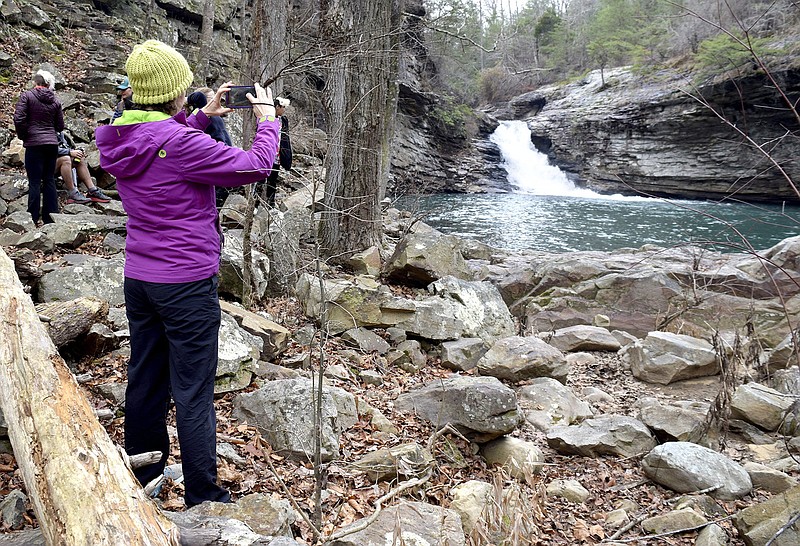 Staff Photo by Robin Rudd / Visitors admire one of the larger cascades above Lula Lake Falls in 2019. Lula Lake Land Trust will have its bimonthly open gate days from 9 a.m.-5 p.m. Saturday-Sunday at its core preserve, 5000 Lula Lake Road, Lookout Mountain, Ga.
