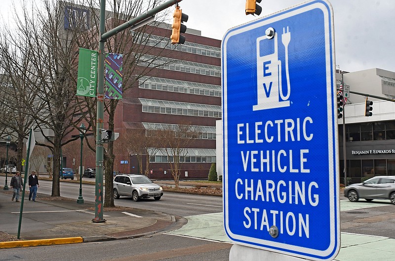 Staff Photo by Robin Rudd / An electric vehicle charging station is seen in 2023 on East 11th Street beside the Tennessee Valley Authority's downtown Chattanooga offices. The Tennessee Department of Transportation and the Tennessee Department of Environment and Conservation have awarded $21 million in federal funds for electric vehicle fast-charging stations to be installed across the state.