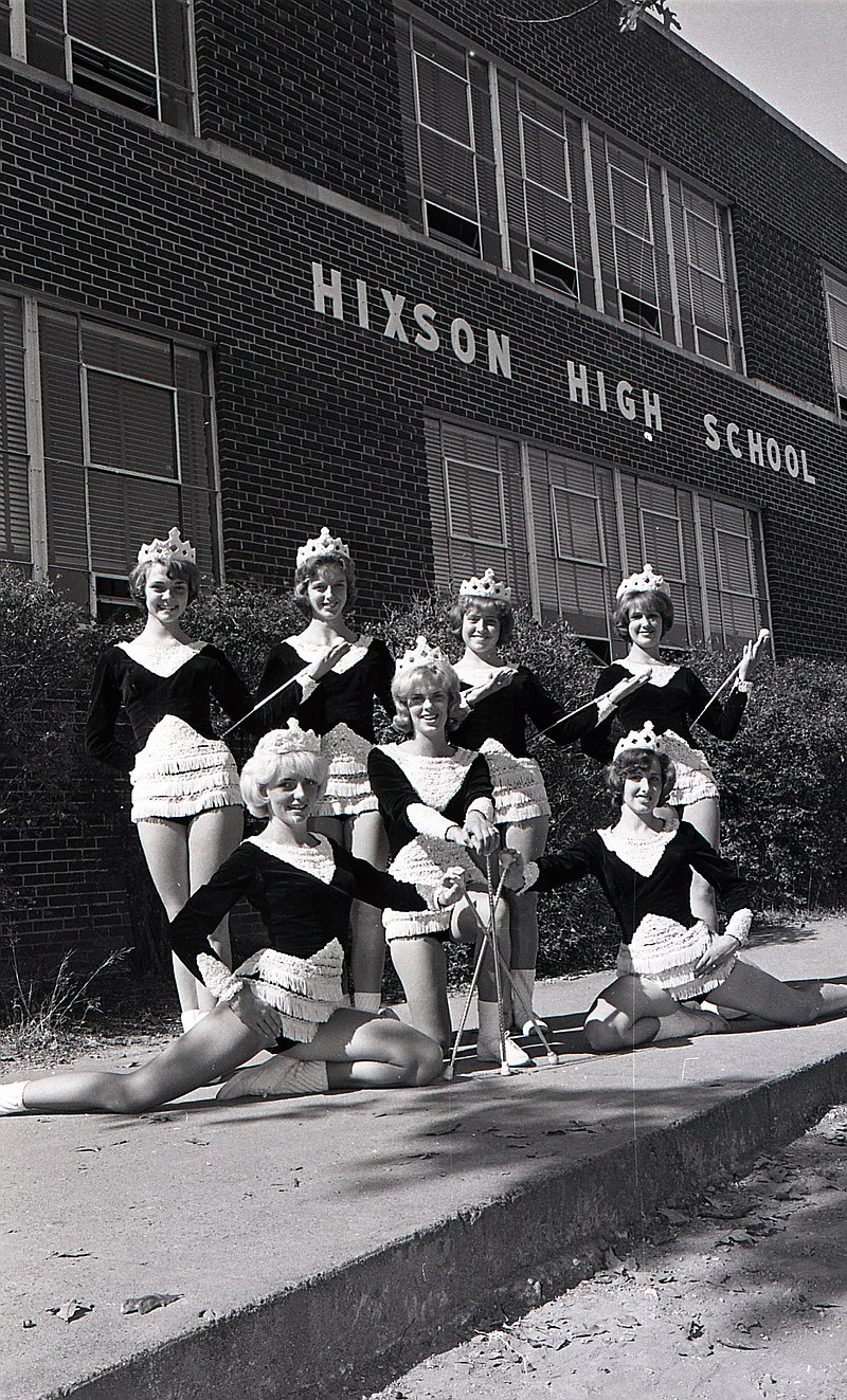 Chattanooga News-Free Press file photo via ChattanoogaHistory.com / Hixson High School band majorettes are shown outside the old high school on Gadd Road in 1963. The school was moved to its current location off Hixson Pike in 1966.
