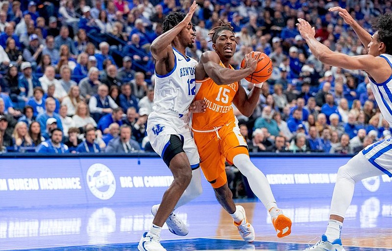 Tennessee Athletics photo / Tennessee's Jahmai Mashack drives past Kentucky's Antonio Reeves during last season's loss to the Wildcats in Lexington. Reeves leads this year's Kentucky team with 19.5 points per game.