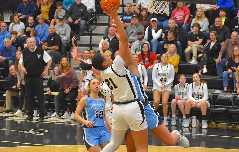 Staff photo by Patrick MacCoon / Bradley Central's TaTianna Stovall (21) put forth an incredible effort with 19 rebounds and six blocked shots in Monday's home win over McMinn Central.