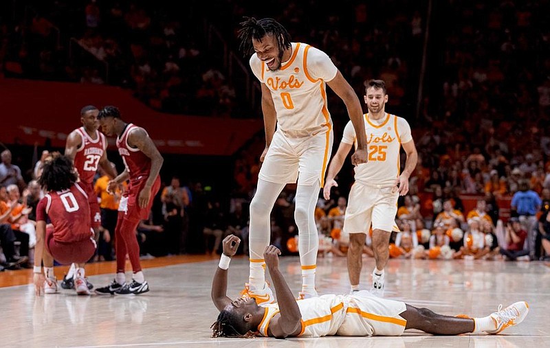 Tennessee Athletics photo / Jonas Aidoo (0), Santiago Vescovi (25) and Jahmai Mashack were all smiles during Tennessee's 75-57 win over Arkansas last season in Knoxville, but the Volunteers have lost to the Razorbacks seven straight times inside Bud Walton Arena heading into Wednesday night's matchup in Fayetteville.