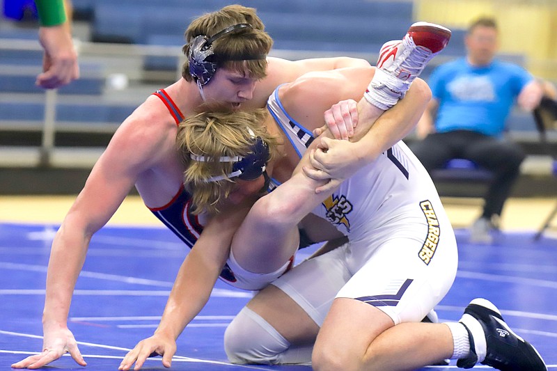 Staff file photo by Olivia Ross / Chattanooga Christian School's Ryder Smith, right, will wrestle in the 215-pound final at the TSSAA Division II state traditional tournament Saturday at Montgomery Bell Academy in Nashville.