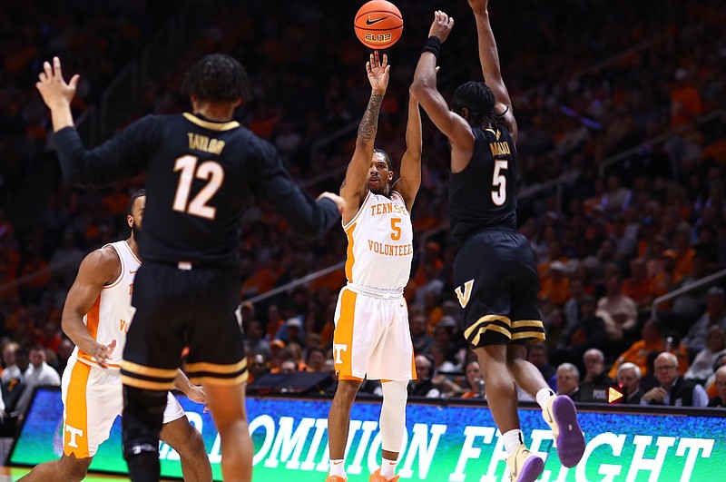 Tennessee Athletics photo / Tennessee junior point guard Zakai Zeigler goes up for a shot during his 14-point performance in Saturday night's 88-53 vanquishing of Vanderbilt in the Food City Center.