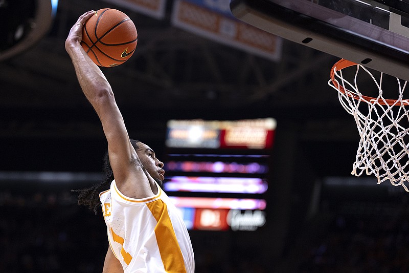AP photo by Wade Payne / Tennessee's Freddie Dilione V goes for a dunk against Vanderbilt during the second half of Saturday night's game in Knoxville.