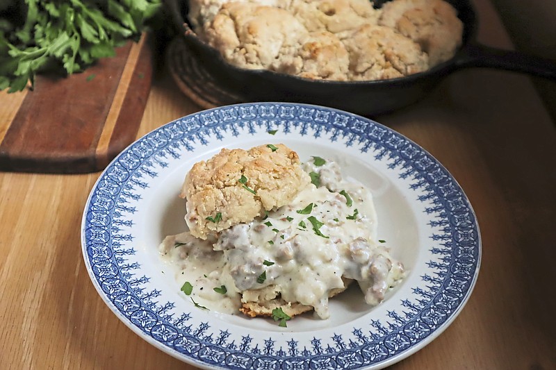 When poured over warm biscuits, pork sausage gravy makes a hearty and satifsying breakfast. / Gretchen McKay/Pittsburgh Post-Gazette/TNS